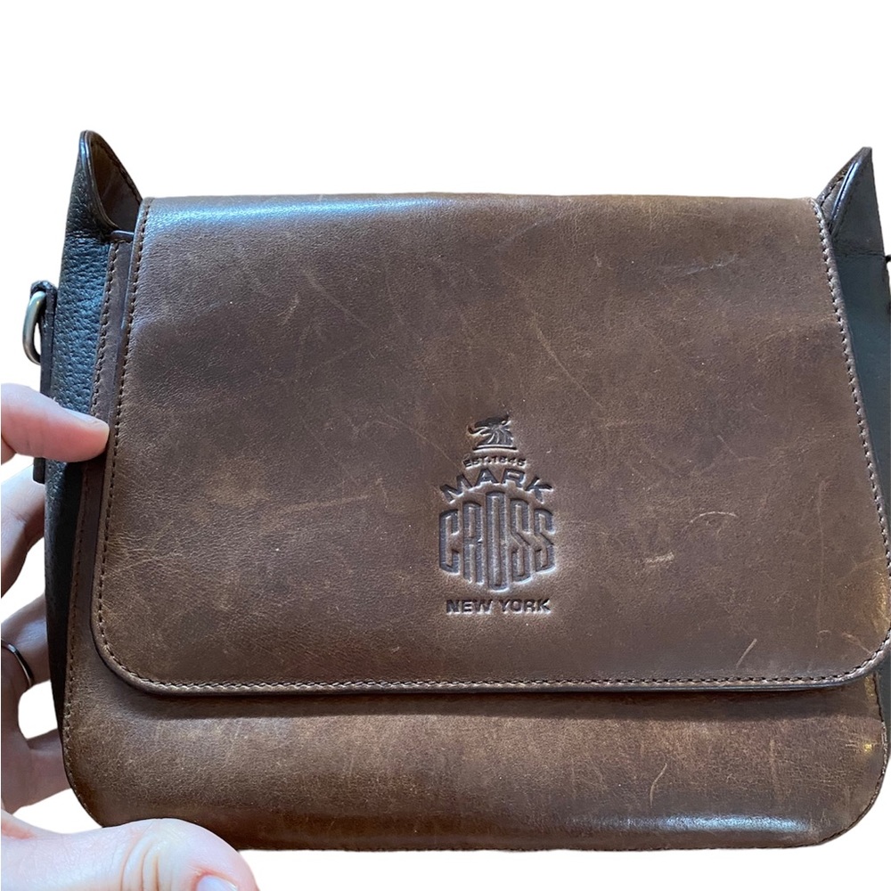 VINTAGE MARK CROSS Brown Leather Crossbody Shoulder Bag Metal chains on straps